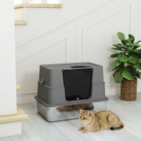 PawHut XL Stainless Steel Litter Box w/ 100° Flip Top, Scoop, Top & Side Entry Enclosed Litter Box for Big Cats(m-9)