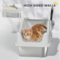 PawHut Cat Litter Box Stainless Steel with Metal Litter Scoop, Never Absorbs Odors, Anti Leakage, 17" x 13" x 10", Grey(m-6)