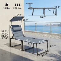 Outsunny Outdoor Lounge Chair, 4 Position Adjustable Backrest, Folding, Cushioned w/ Sun Shade Roof & Pillow, Gray(m-3)