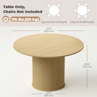 HOMCOM Round Dining Table for 4-6, 47 Inch Kitchen Table with Fluted Pedestal Base, for Kitchen Living Room Dining Room, Natural(m-3)