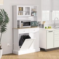 HOMCOM Kitchen Cabinet with Charging Station, 2 Tilt Out Cabinets, Microwave Stand, Freestanding Kitchen Pantry Cabinet, White(m-1)