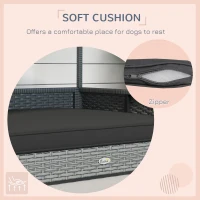 PawHut Wicker Dog House Outdoor with Canopy, Rattan Dog Bed with Water-resistant Cushion, Raised Pet Bed for Small, Medium Breeds up to 66 lbs, 20" in Length, Silver Wicker, Gray Cushion(m-8)