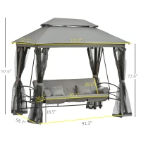 Outsunny 3-Seat Patio Swing Chair, Outdoor Gazebo Swing with Double Tier Canopy, Mesh Sidewalls, Cushioned Seat and Pillows, Gray(m-3)