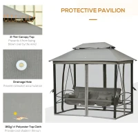 Outsunny 3-Seat Patio Swing Chair, Outdoor Gazebo Swing with Double Tier Canopy, Mesh Sidewalls, Cushioned Seat and Pillows, Gray(m-5)