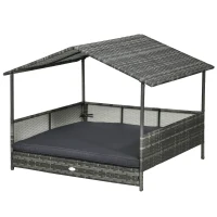 PawHut Outdoor Dog Bed with Canopy, Rattan Dog Bed with Soft Cushion Removable Cover for Medium and Large Dogs, Dark Gray(m-1)