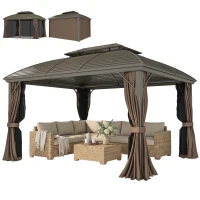 Outsunny 10' x 12' Hardtop Gazebo Canopy with Double Roof, Netting and Curtains for Garden, Backyard, Deck, Coffee(m-2)