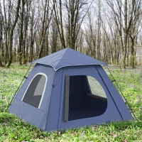 Outsunny 3-4 Person Automatic Camping Tent w/ Porch, Pop Up Tent, Portable Backpacking Shelter with Mesh Windows, Zipped Door, Floor, Hang Hook & Portable Carry Bag, Dark Blue(m-10)