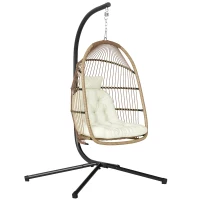 Outsunny Wicker Egg Swing Chair with Stand, Foldable Hanging Egg Chair with UV Resistant Cushion, Headrest, Beige(m-9)