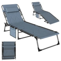 Outsunny Padded Folding Chaise Lounge Chair, Outdoor 6-Level Reclining Camping Tanning Chair with Headrest for Beach, Yard, Patio, Pool, Gray(m-1)