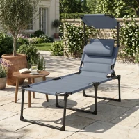 Outsunny Outdoor Lounge Chair, 4 Position Adjustable Backrest, Folding, Cushioned w/ Sun Shade Roof & Pillow, Gray(m-9)