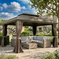 Outsunny 10' x 12' Hardtop Gazebo Canopy with Double Roof, Netting and Curtains for Garden, Backyard, Deck, Coffee(m-1)