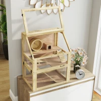 PawHut 3 Tier Wooden Hamster Cage w/ Detachable Bottom, Hut, Seesaw, Exercise Wheel, Ramps, 24" x 16" x 29.5"(m-9)