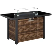 Outsunny 43in Outdoor Propane Gas Fire Pit Table, 50,000 BTU Auto-Ignition Wicker Gas Firepit with Glass Wind Guard, Blue Glass Rock, CSA Certification, Brown(m-1)