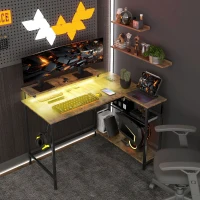 HOMCOM Reversible L Shaped Desk with Lights, Power Outlet, USB Ports, Corner Desk with Storage for Home Office, Brown(m-10)