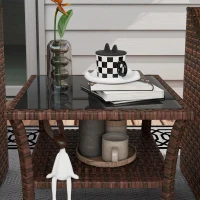 Outsunny Outdoor Wicker Coffee Table, Rattan Patio Furniture with 2-Tier Storage Shelf , Steel Frame Square, Side Table with Tempered Glass Top, Brown(m-8)