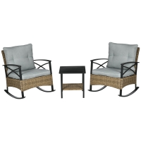 Outsunny 3 Piece Patio Rocking Chair Set, Outdoor Wicker Bistro Set with 2 Oversize Cushioned Porch Rockers and 2 Tier Coffee Table for Garden, Backyard, Light Gray