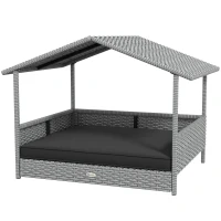 PawHut Wicker Dog House Outdoor with Canopy, Rattan Dog Bed with Water-resistant Cushion, Raised Pet Bed for Small, Medium Breeds up to 66 lbs, 20" in Length, Silver Wicker, Gray Cushion(m-1)