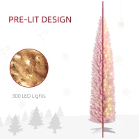 HOMCOM 8ft Pencil Christmas Tree, Slim Artificial Christmas Tree with Realistic Branches and Warm White LED Lights, Pink(m-5)