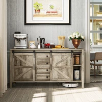 HOMCOM 59" Buffet Cabinet, Farmhouse Sideboard with Thick Top, 2 Barn Doors, 4 Drawers and 2 Adjustable Shelves, Gray Wash(m-3)