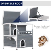 PawHut 2-Story Wooden Cat House Feral Cat Shelter with Transparent PVC Canopy, Balcony, Escape Door and Openable Weatherproof Roof for Outdoor, Grey(m-7)