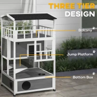 PawHut Wooden Outdoor Cat House with Asphalt Roof, Escape Doors, Condo, Jumping Platform, Light Gray(m-4)