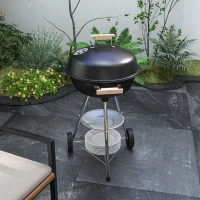 Outsunny Portable Charcoal BBQ Grill, Steel Outdoor Camp Picnic Cooker with Lid, Air Vents, Wheels and Storage Shelf, Black(m-1)