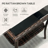 Outsunny Outdoor Wicker Coffee Table, Rattan Patio Furniture with 2-Tier Storage Shelf , Steel Frame Square, Side Table with Tempered Glass Top, Brown(m-4)