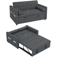 HOMCOM Pull Out Sofa Bed, Sleeper Sofa Couch with USB Ports, Small Linen Loveseat Futon Couch for Living Room, Dark Grey(m-9)