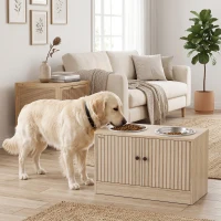PawHut Elevated Dog Bowls with Storage Cabinet,  2 Stainless Steel Bowls, Slow Feeder, Dog Feeding Station for Large Dogs, Oak(m-9)
