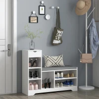 HOMCOM Upholstered Shoe Storage Bench w/ Seat, Entrance Bench w/ Drawer and 6 Open Shelves for Hallway, White(m-1)