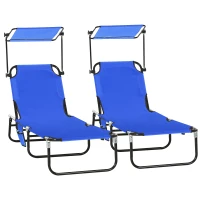 Outsunny Pool Chaise Lounge Chairs Set of 2, Folding Lounge Chairs with Sunshade, Reclining Back, Steel Frame, Blue(m-1)