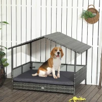 PawHut Outdoor Dog Bed with Canopy, Rattan Dog Bed with Soft Cushion Removable Cover for Medium and Large Dogs, Dark Gray(m-2)