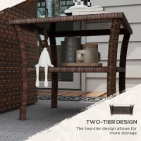 Outsunny Outdoor Wicker Coffee Table, Rattan Patio Furniture with 2-Tier Storage Shelf , Steel Frame Square, Side Table with Tempered Glass Top, Brown(m-5)