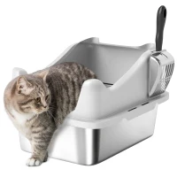 PawHut Cat Litter Box Stainless Steel with Metal Litter Scoop, Never Absorbs Odors, Anti Leakage, 17" x 13" x 10", Grey(m-9)
