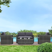 Outsunny 4 Piece Wicker Patio Furniture Set with Cushions, Outdoor Sectional Furniture with 2 Sofa, Loveseat, and Glass Top Coffee Table, Conversation Sofa Sets for Garden, Gray(m-10)