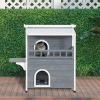 PawHut 2-Story Wooden Cat House Feral Cat Shelter with Transparent PVC Canopy, Balcony, Escape Door and Openable Weatherproof Roof for Outdoor, Grey(m-2)