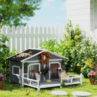 PawHut Dog House Outdoor, Wooden Dog Kennel Weatherproof with Porch, Openable Roof, Removable Bottom, Elevated Floor, Double Room for 2 Small to Medium Breeds, Gray(m-10)