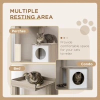 PawHut Cat Litter Box Enclosure Furniture with Cat Tree, Hidden Litter Box with Scratching Post, Bed, Modern Cat House Indoor, Gray(m-5)