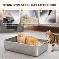 PawHut XL Stainless Steel Litter Box w/ 100° Flip Top, Scoop, Top & Side Entry Enclosed Litter Box for Big Cats(m-4)