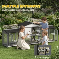 PawHut 90.5" Wooden Rabbit Hutch Bunny Cage Pet Playpen House Enclosure with Double Side Run Boxes, No Leak Tray, Light Gray(m-7)