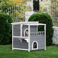 PawHut 2-Story Wooden Cat House Feral Cat Shelter with Transparent PVC Canopy, Balcony, Escape Door and Openable Weatherproof Roof for Outdoor, Grey(m-10)
