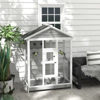 PawHut 65" Bird Cage Large 2 Doors Wooden Aviary for Canary with Standing Pole Nest Slide-out Tray, for Indoor Outdoor, Grey(m-8)
