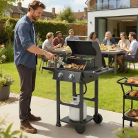 Outsunny 2 Burner Propane Gas Grill with Wheels, 18,400 BTU Portable BBQ Grill with Foldable Side Shelves, Warming Rack, Black(m-1)