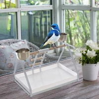 PawHut Portable Bird Play Perch Stand with Wooden Perch, Stainless Steel Feeding Bowls, & an Easy-Clean Tray, White(m-5)