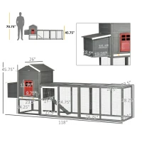 PawHut 118" Extra Large Chicken Coop with Asphalt Roof, Wooden Hen Run with Slide-Out Tray and Nesting Box, Chicken Hutch for 3-6 Chickens, Gray(m-5)
