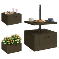 Outsunny Patio Umbrella Base with Table Tray, Heavy Duty Weighted Umbrella Stand， Wheels Handles, 176lbs，Stand Filling, Brown(m-1)