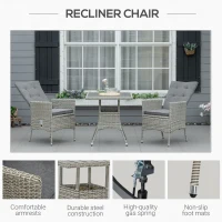 Outsunny 3 Piece Patio Bistro Set, PE Wicker Furniture Conversation Set w/ Tufted Cushion Reclining Chairs & Coffee Table, Gray(m-7)