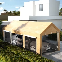 Outsunny 10' x 20' Carport, Heavy Duty Portable Garage, Height Adjustable, with 4 Mesh Windows and 4 Doors, Beige(m-2)