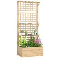 Outsunny Wooden Raised Garden Bed with Trellis and Roof, Elevated Planter Box with 2 Shelves, Drainage Hole and Liner, Natural(m-11)