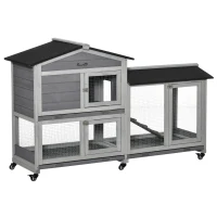 PawHut 62" Wooden Rabbit Hutch with Wheels, Run Box, Tray, Ramp for Small Animals, Guinea Pig, Indoor Outdoor Use, Light Grey(m-2)